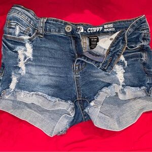 Midrise Distressed Denim Shorts - Blue